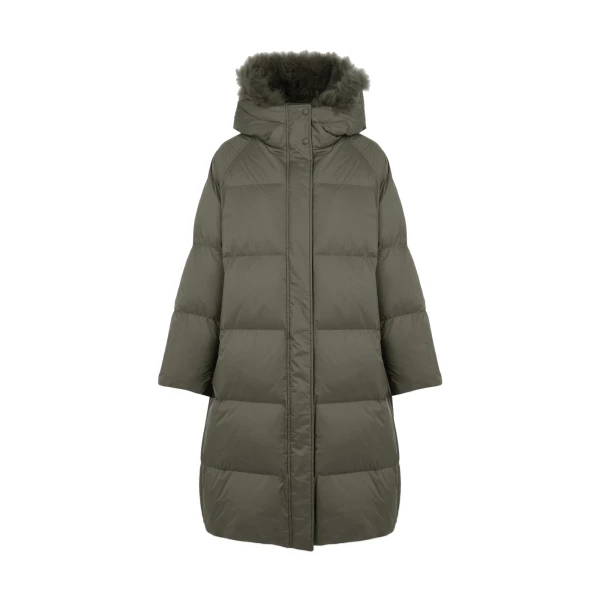 Yves Salomon Long Waterproof Down Jacket with Lambskin Hood Trim in Khaki | Coats | Coveti