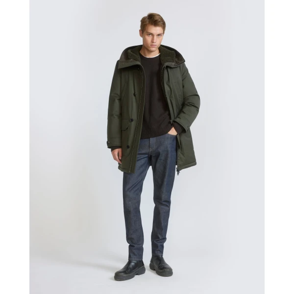 Yves Salomon Long Waterproof Wool-Blend Parka with Shearling Hood in Dark Khaki | Men's Coats | Coveti