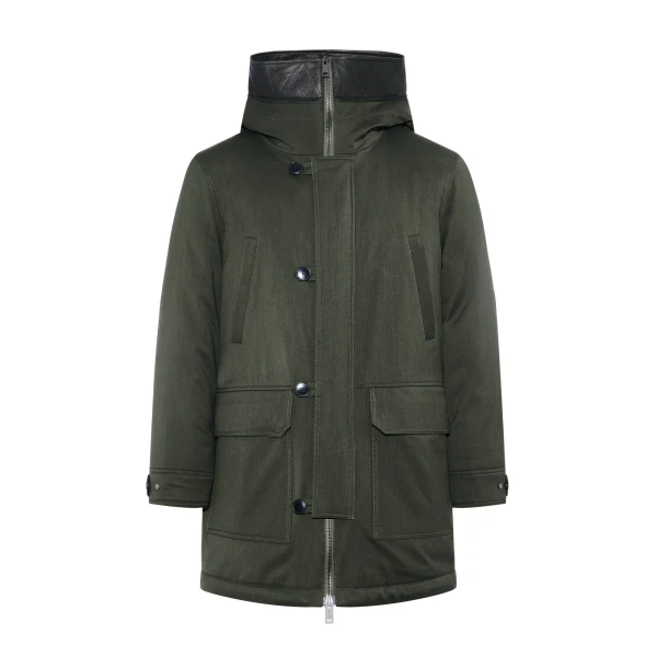 Long Waterproof Wool-Blend Parka with Shearling Hood in Dark Khaki