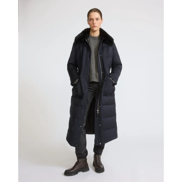 Yves Salomon Long Waterproof Wool Down Coat with Shearling Collar in Navy | Coats | Coveti