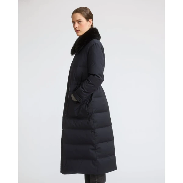 Yves Salomon Long Waterproof Wool Down Coat with Shearling Collar in Navy | Coats | Coveti