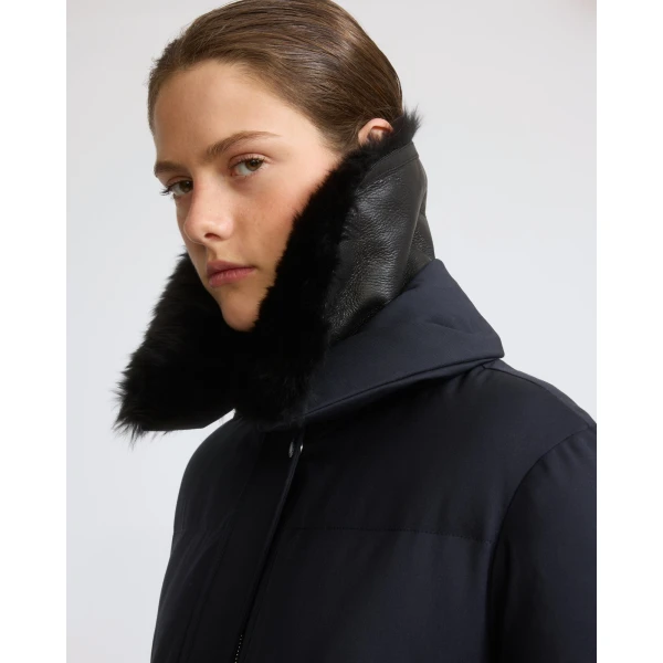 Yves Salomon Long Waterproof Wool Down Coat with Shearling Collar in Navy | Coats | Coveti