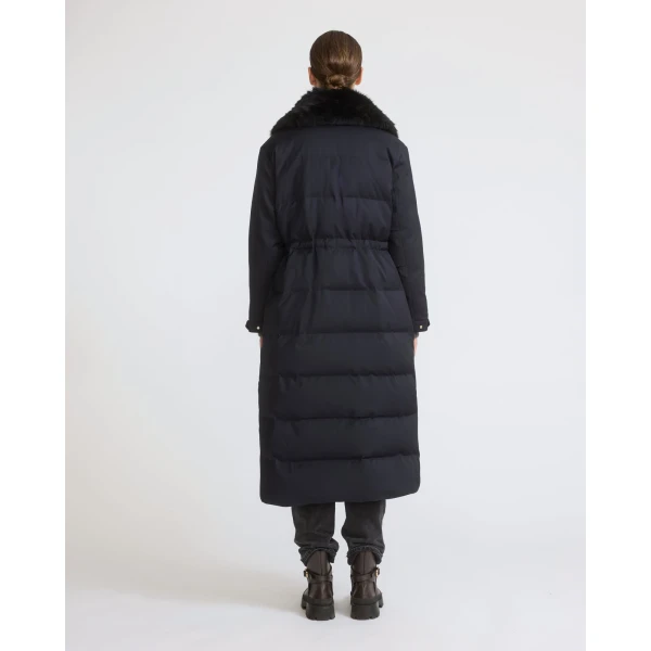 Yves Salomon Long Waterproof Wool Down Coat with Shearling Collar in Navy | Coats | Coveti