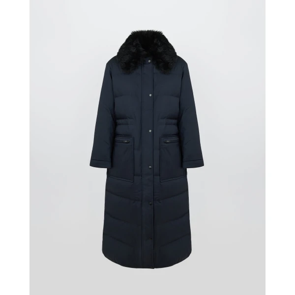 Yves Salomon Long Waterproof Wool Down Coat with Shearling Collar in Navy | Coats | Coveti