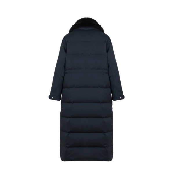 Long Waterproof Wool Down Coat with Shearling Collar in Navy
