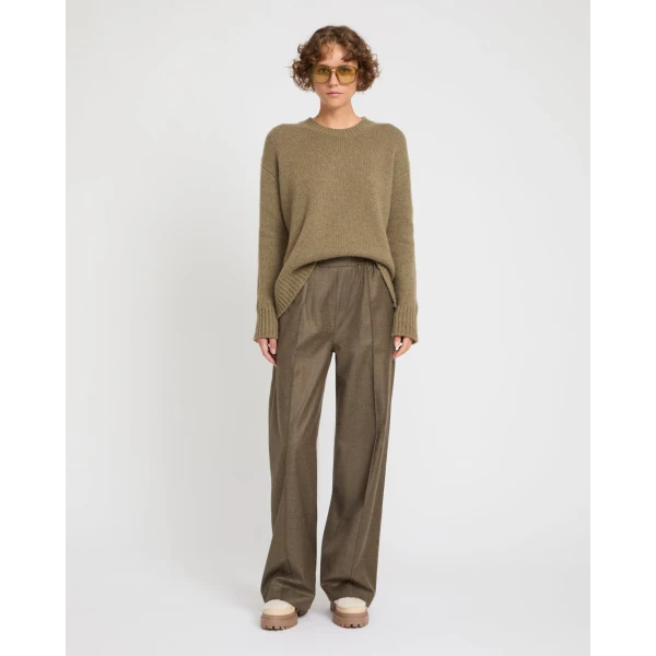 Yves Salomon Loose Fit Flannel Trousers with Elasticated Waistband in Brown | Wide leg pants | Coveti
