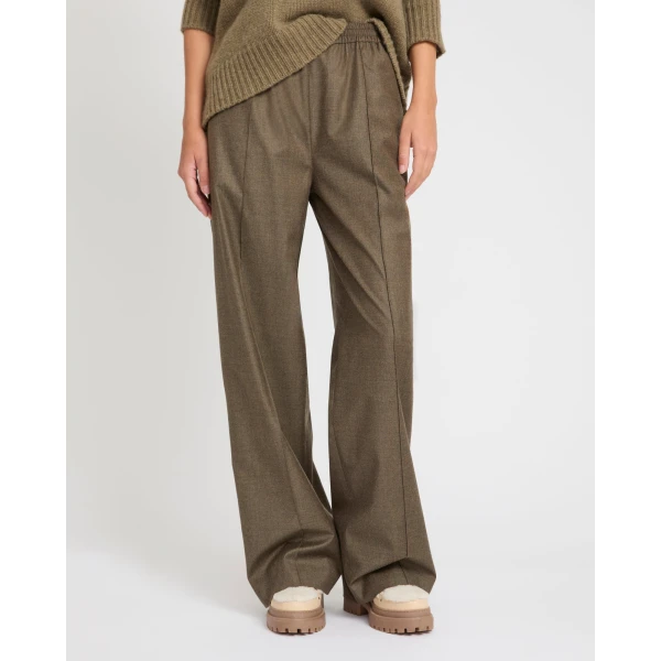 Yves Salomon Loose Fit Flannel Trousers with Elasticated Waistband in Brown | Wide leg pants | Coveti