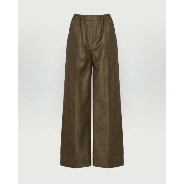 Yves Salomon Loose Fit Flannel Trousers with Elasticated Waistband in Brown | Wide leg pants | Coveti