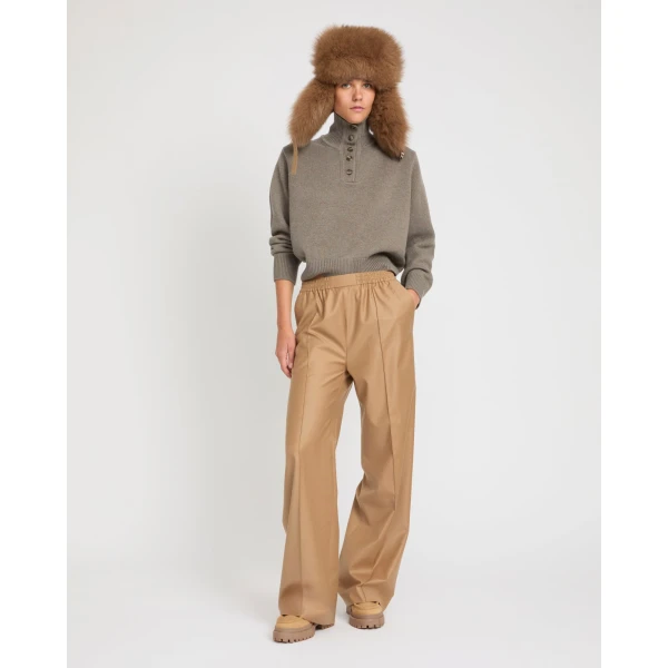 Yves Salomon Loose Fit Flannel Trousers with Elasticated Waistband in Camel | Wide leg pants | Coveti