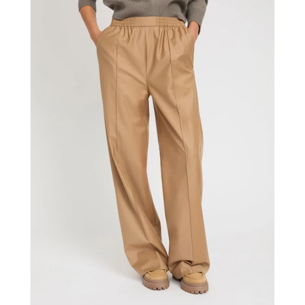 Yves Salomon Loose Fit Flannel Trousers with Elasticated Waistband in Camel | Wide leg pants | Coveti