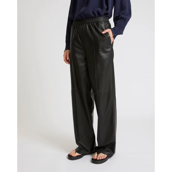 Yves Salomon Loose Lambskin Leather Trousers in Black | Wide leg pants | Coveti
