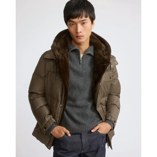 Yves Salomon Loro Piana Flannel Down Jacket with Removable Mink Bib in Earth Brown | Men's Jackets | Coveti