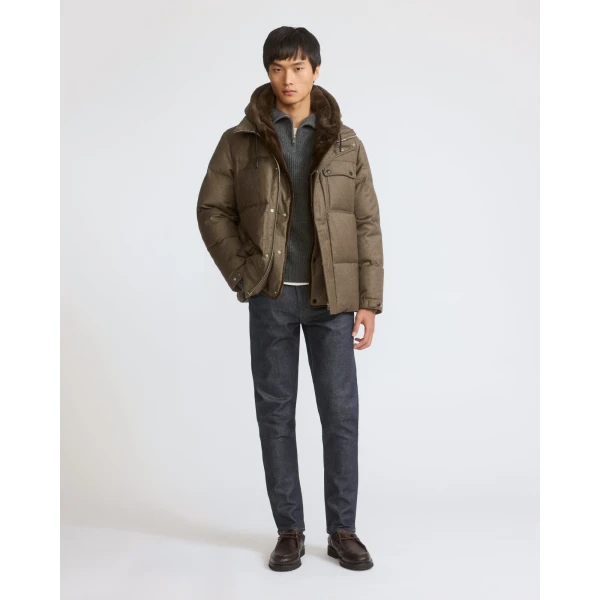 Yves Salomon Loro Piana Flannel Down Jacket with Removable Mink Bib in Earth Brown | Men's Jackets | Coveti