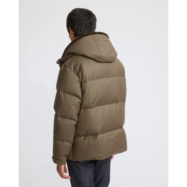 Yves Salomon Loro Piana Flannel Down Jacket with Removable Mink Bib in Earth Brown | Men's Jackets | Coveti