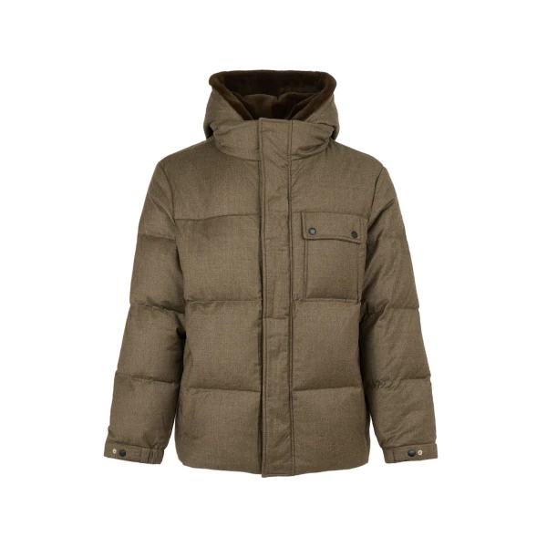 Yves Salomon Loro Piana Flannel Down Jacket with Removable Mink Bib in Earth Brown | Men Jackets | Coveti