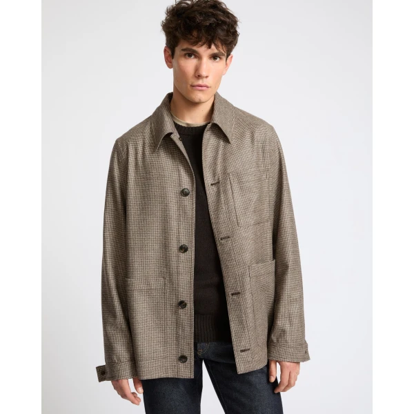 Yves Salomon Loro Piana Tennis Stripe Wool and Cashmere Flannel Overshirt in Beige Houndstooth | Men's Shirts | Coveti