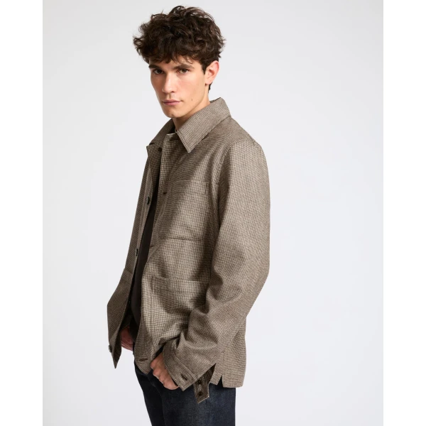 Yves Salomon Loro Piana Tennis Stripe Wool and Cashmere Flannel Overshirt in Beige Houndstooth | Men's Shirts | Coveti