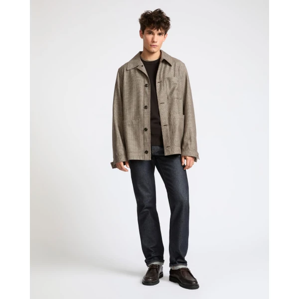 Yves Salomon Loro Piana Tennis Stripe Wool and Cashmere Flannel Overshirt in Beige Houndstooth | Men's Shirts | Coveti