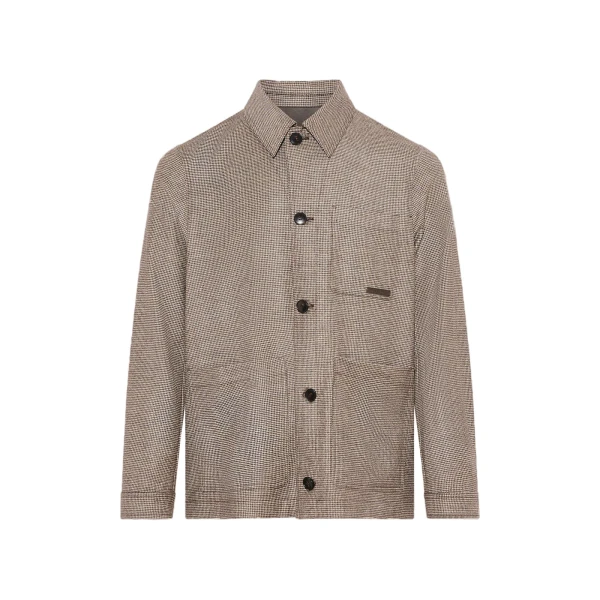 Loro Piana Tennis Stripe Wool and Cashmere Flannel Overshirt in Beige Houndstooth