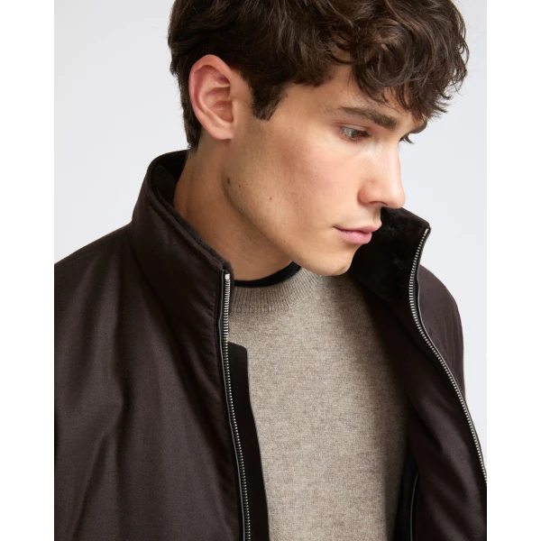 Yves Salomon Loro Piana Waterproof Down Jacket with Plucked Mink Collar in Brown | Men's Jackets | Coveti