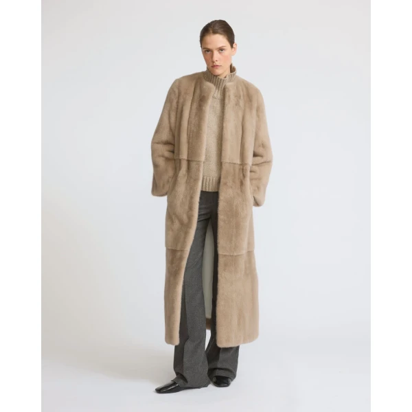 Yves Salomon Maxi Belted Coat in Long-Haired Mink Fur in Beige | Mink Coats | Coveti
