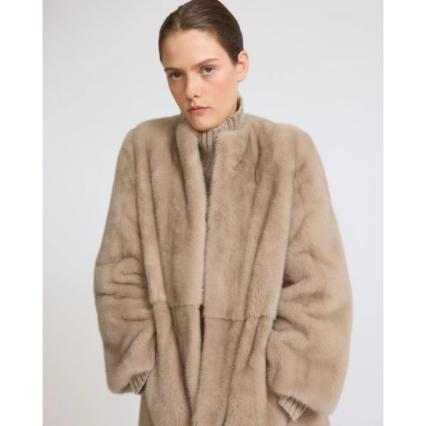 Yves Salomon Maxi Belted Coat in Long-Haired Mink Fur in Beige | Mink Coats | Coveti