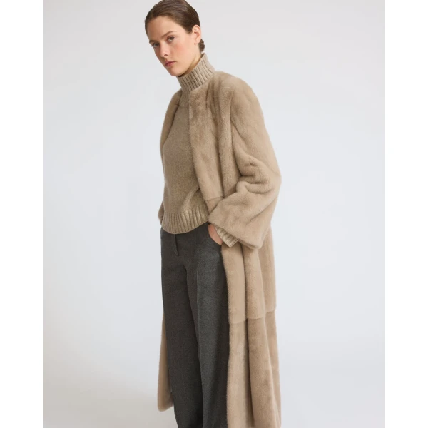 Yves Salomon Maxi Belted Coat in Long-Haired Mink Fur in Beige | Mink Coats | Coveti