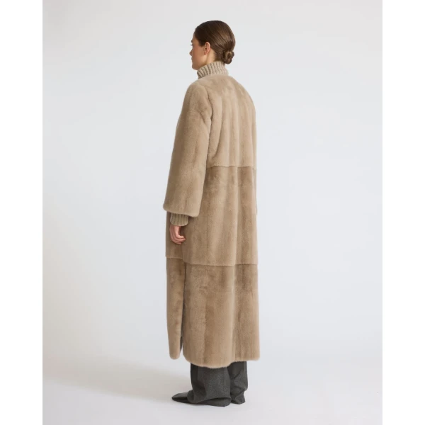 Yves Salomon Maxi Belted Coat in Long-Haired Mink Fur in Beige | Mink Coats | Coveti