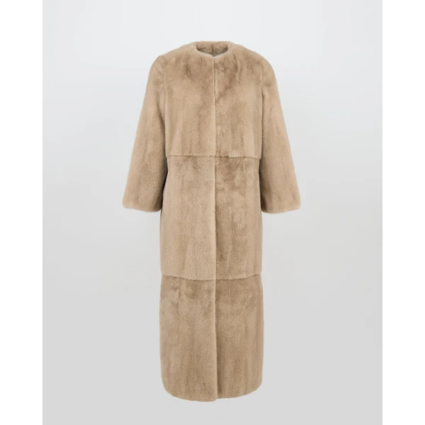 Yves Salomon Maxi Belted Coat in Long-Haired Mink Fur in Beige | Mink Coats | Coveti
