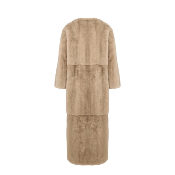 Maxi Belted Coat in Long-Haired Mink Fur in Beige