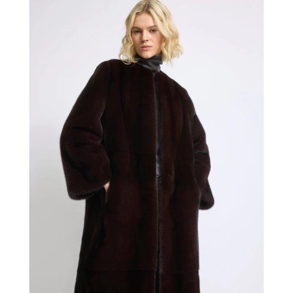 Yves Salomon Maxi Belted Coat in Long-Haired Mink Fur in Bordeaux | Mink Coats | Coveti