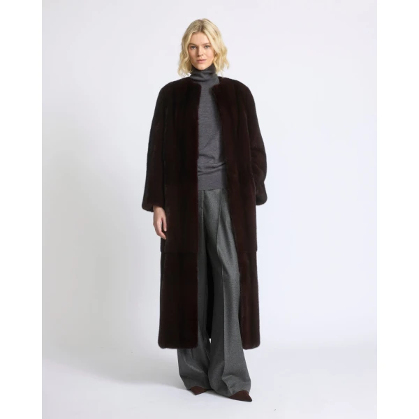Yves Salomon Maxi Belted Coat in Long-Haired Mink Fur in Bordeaux | Mink Coats | Coveti