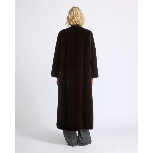 Yves Salomon Maxi Belted Coat in Long-Haired Mink Fur in Bordeaux | Mink Coats | Coveti