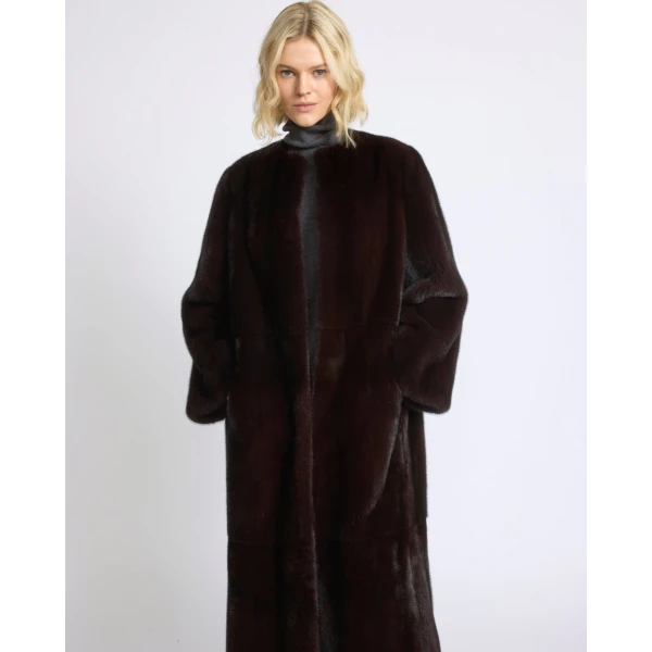 Yves Salomon Maxi Belted Coat in Long-Haired Mink Fur in Bordeaux | Mink Coats | Coveti