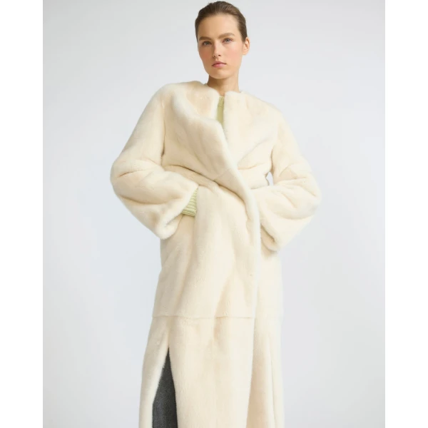 Yves Salomon Maxi Belted Coat in Long-Haired Mink Fur in White | Mink Coats | Coveti