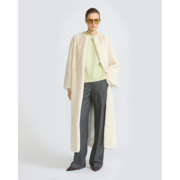 Yves Salomon Maxi Belted Coat in Long-Haired Mink Fur in White | Mink Coats | Coveti