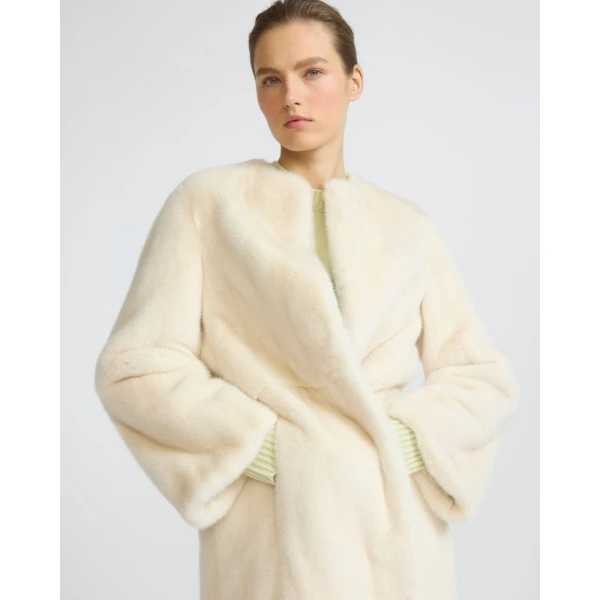 Yves Salomon Maxi Belted Coat in Long-Haired Mink Fur in White | Mink Coats | Coveti