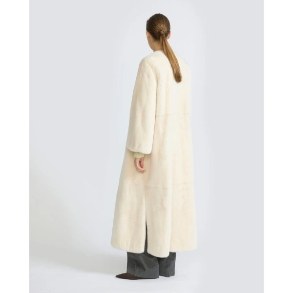 Yves Salomon Maxi Belted Coat in Long-Haired Mink Fur in White | Mink Coats | Coveti