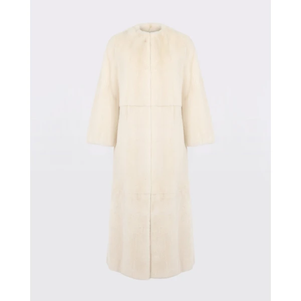 Yves Salomon Maxi Belted Coat in Long-Haired Mink Fur in White | Mink Coats | Coveti
