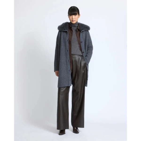 Yves Salomon Merino Knit Coat with Cashmere Lambskin Collar in Blue Grey | Shearling Coat | Coveti