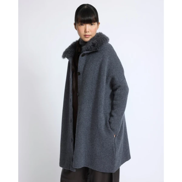 Yves Salomon Merino Knit Coat with Cashmere Lambskin Collar in Blue Grey | Shearling Coat | Coveti