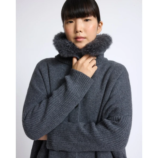 Yves Salomon Merino Knit Coat with Cashmere Lambskin Collar in Blue Grey | Shearling Coat | Coveti