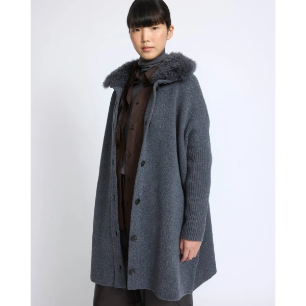Yves Salomon Merino Knit Coat with Cashmere Lambskin Collar in Blue Grey | Shearling Coat | Coveti