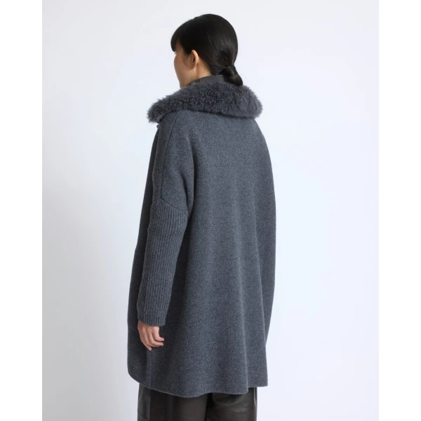 Yves Salomon Merino Knit Coat with Cashmere Lambskin Collar in Blue Grey | Shearling Coat | Coveti