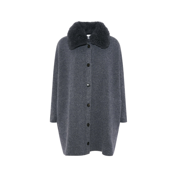 Merino Knit Coat with Cashmere Lambskin Collar in Blue Grey
