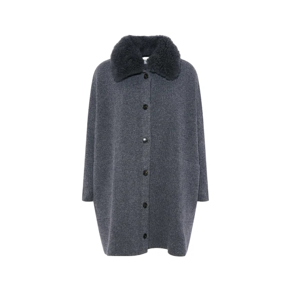 Yves Salomon Merino Knit Coat with Cashmere Lambskin Collar in Blue Grey | Shearling Coat | Coveti