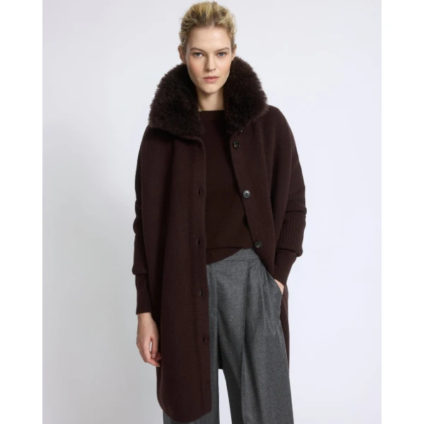 Yves Salomon Merino Knit Coat with Cashmere Lambskin Collar in Brown | Shearling Coat | Coveti