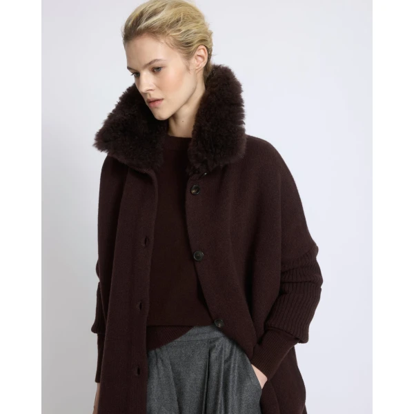 Yves Salomon Merino Knit Coat with Cashmere Lambskin Collar in Brown | Shearling Coat | Coveti