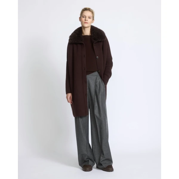 Yves Salomon Merino Knit Coat with Cashmere Lambskin Collar in Brown | Shearling Coat | Coveti
