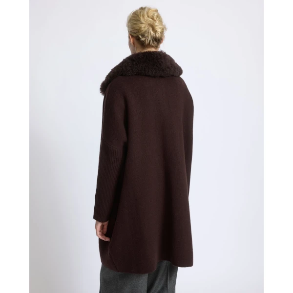 Yves Salomon Merino Knit Coat with Cashmere Lambskin Collar in Brown | Shearling Coat | Coveti
